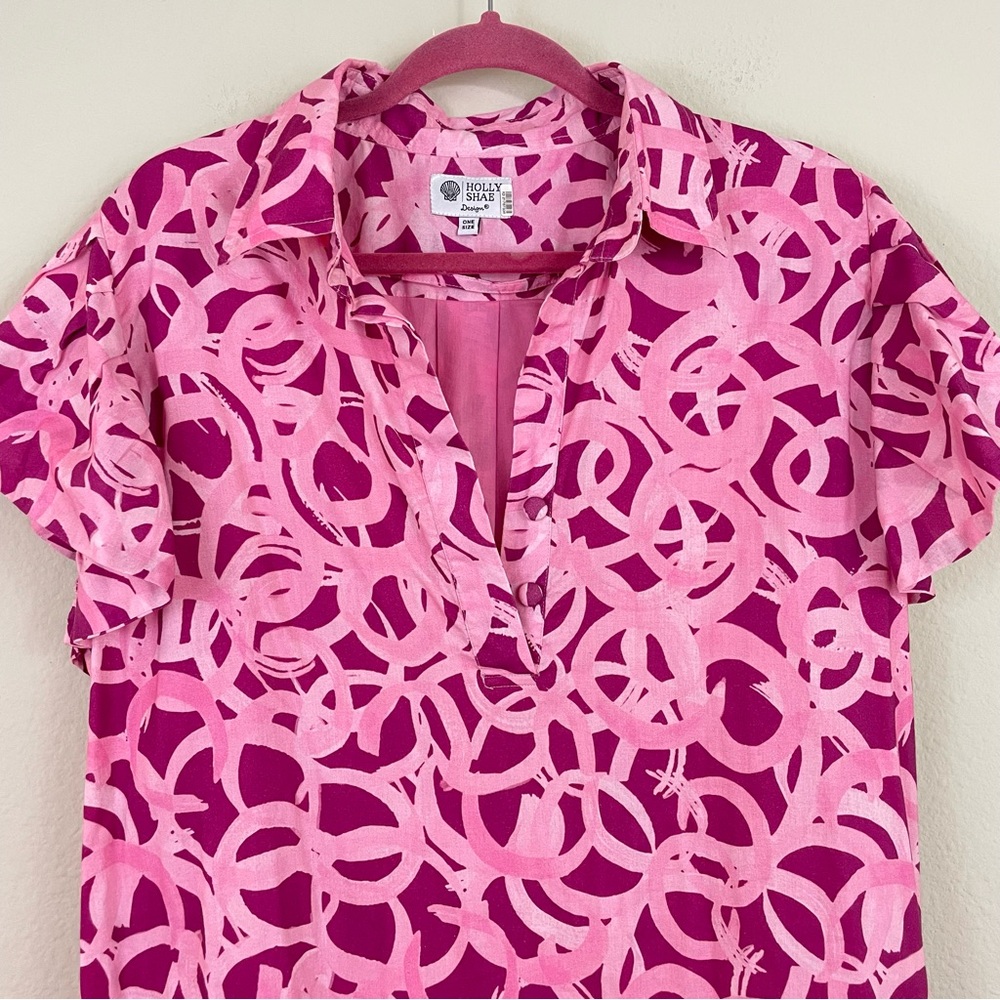 Holly Shae Pink Patterned Ruffle Sleeves Cotton Shift Dress One Size - Picture 5 of 9